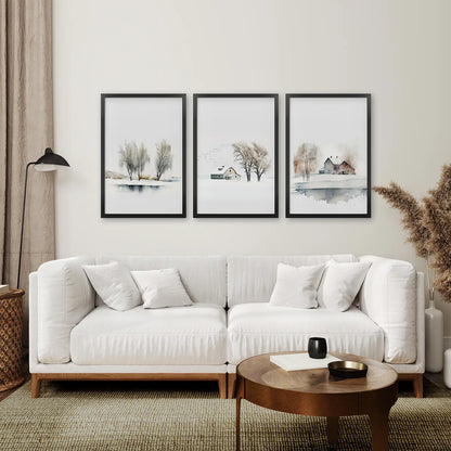 Vintage Winter Barn Poster Room Decor Wall Art. Black Frames Over the Couch.