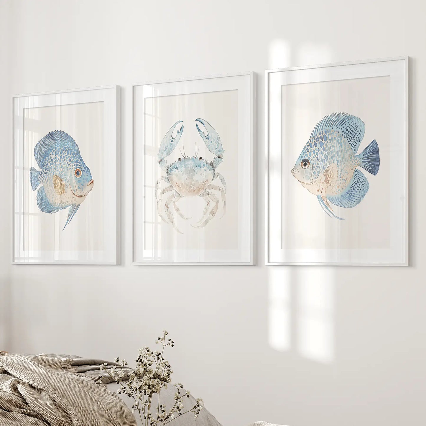 Trendy ocean marine life poster. Watercolor wall art. White frames with mat  for bedroom.