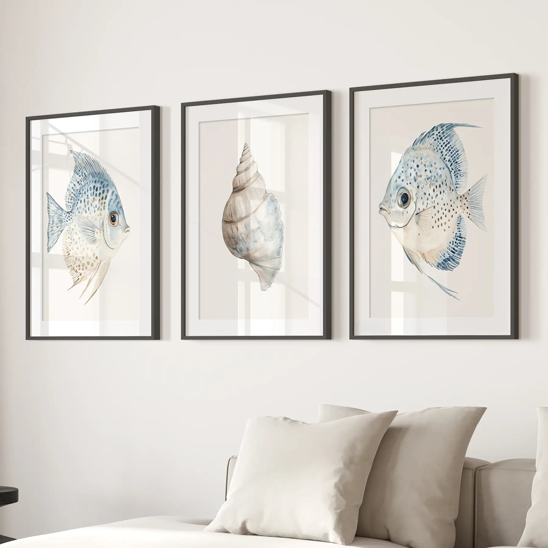 Minimalist coastal shell print. Nautical sea life decor. Black frames with mat over the couch.