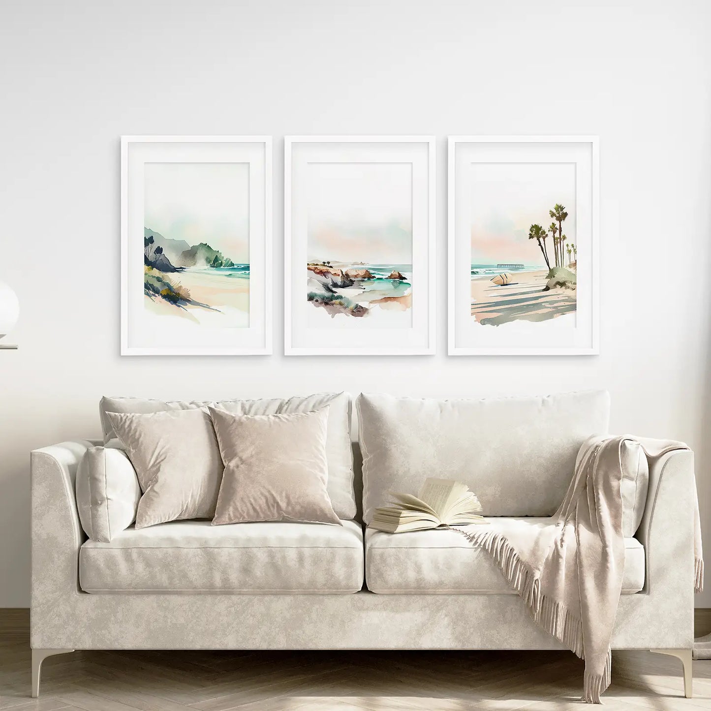 Bedroom Living Room Wall Art Decor Posters. White Frames with Mat Above the Sofa.