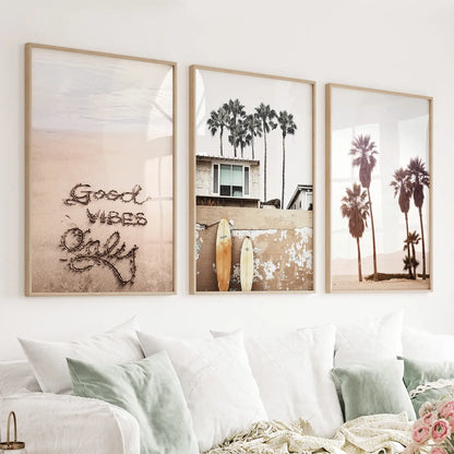 Boho Style Coastal Wall Decor. Good Vibes, Palm Trees, Surf