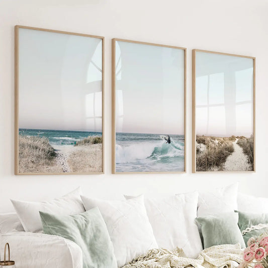 Ocean Surfing 3 Piece Wall Art. Blue Waves, Sandy Beach Path