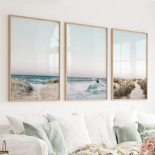 Load image into Gallery viewer, Ocean Surfing 3 Piece Wall Art. Blue Waves, Sandy Beach Path
