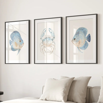 Watercolor crab and fish posters. Nautical apartment decor. Black frames with mat above the sofa.