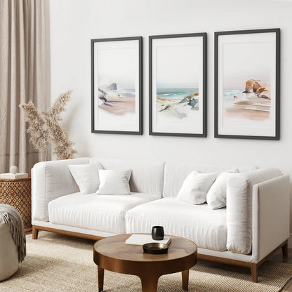 Tryptic Printable Wall Art Print Set Decor. Black Frames Over the Couch.