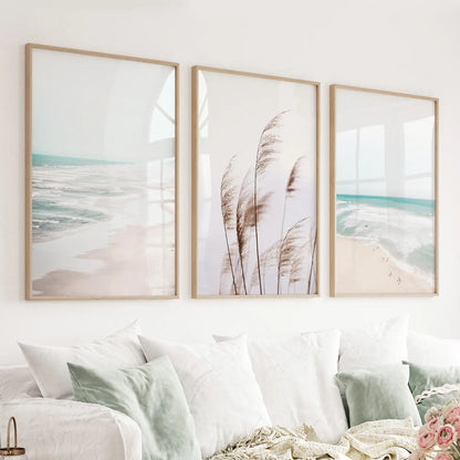 Coastal Boho Wall Art. Beach Pampas Grass, Blue Ocean Waves