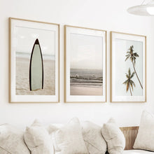 Load image into Gallery viewer, Beige Tones Coastal Wall Art. Surfboard, Ocean Beach, Palm
