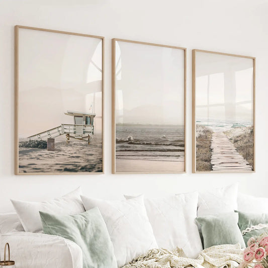 3 Piece Beige Coastal Wall Art. Waves, Beach Path, Lifeguard