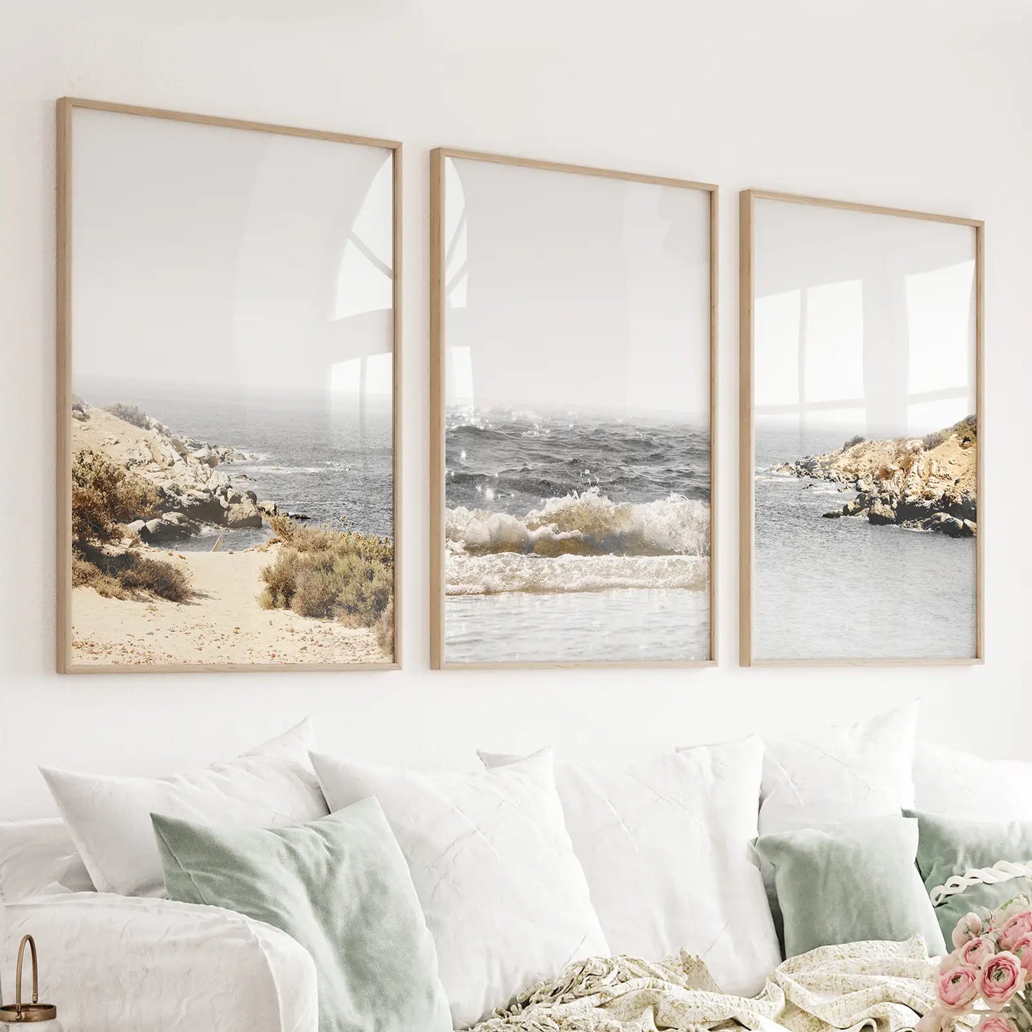 3 Piece Beige Ocean Beach Decor. Gray Waves with Rocks Wall Art