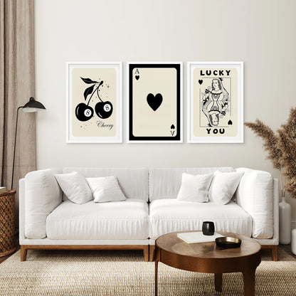 Ace of Hearts Wall Print for Game Room. White Frames Over the Coach.