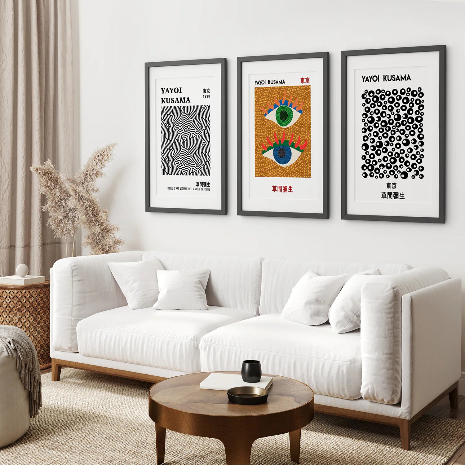 Kusama Black Dots Modern Museum Decor Art. Black Frames with Mat Over the Coach.