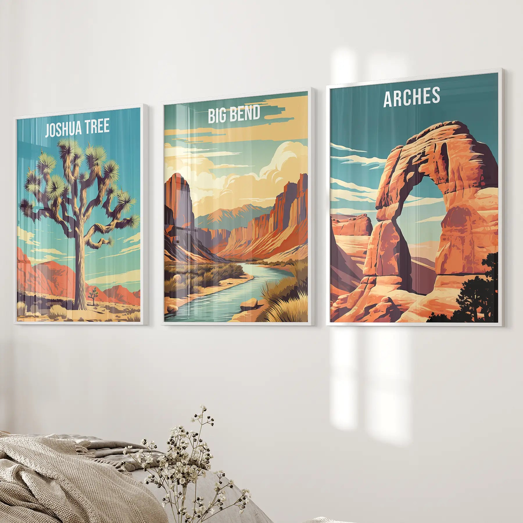 Desert landscape print. Joshua tree california travel wall art. White frames above the bed.
