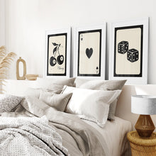 Load image into Gallery viewer, Set of 3 Piece Wall Art Retro Cards. White Frames with Mat Over the Bed.
