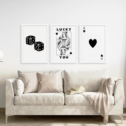 Roll The Dice Wall Art 3 Pieces. White frames for Living Room.