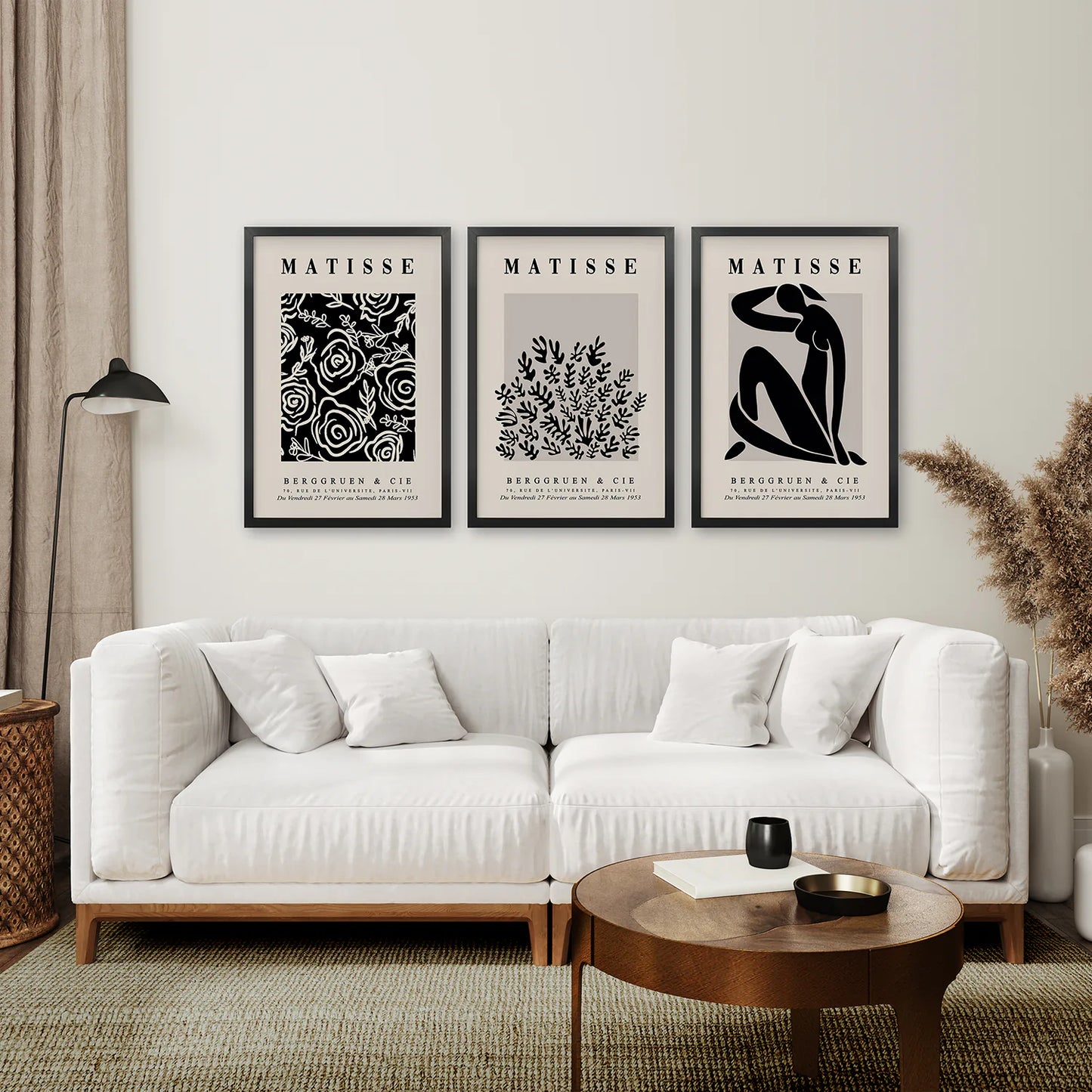 Vintage Exhibition Art Dorm Room Posters. Black Frames Above the Sofa.