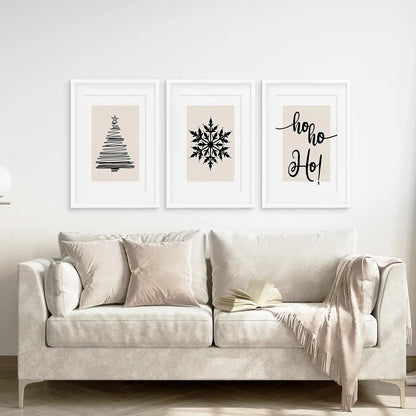 Xmas Holiday Snowflake Wall Art Decor. White Frames with Mat Above the Sofa.