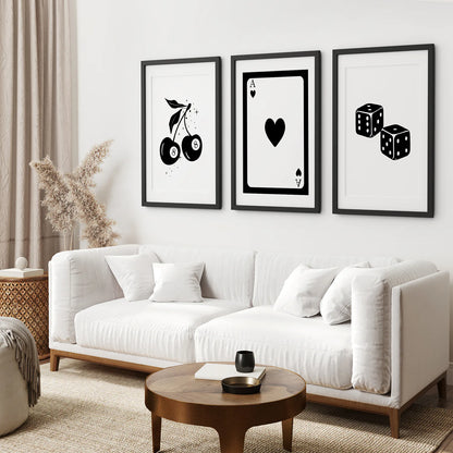 Black Ace of Hearts Wall Art Decor. Black Frames with Mat Over the Sofa.