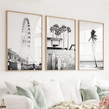 Load image into Gallery viewer, Black White Coastal Wall Art. Ferris Wheel, Surfboards, Palm

