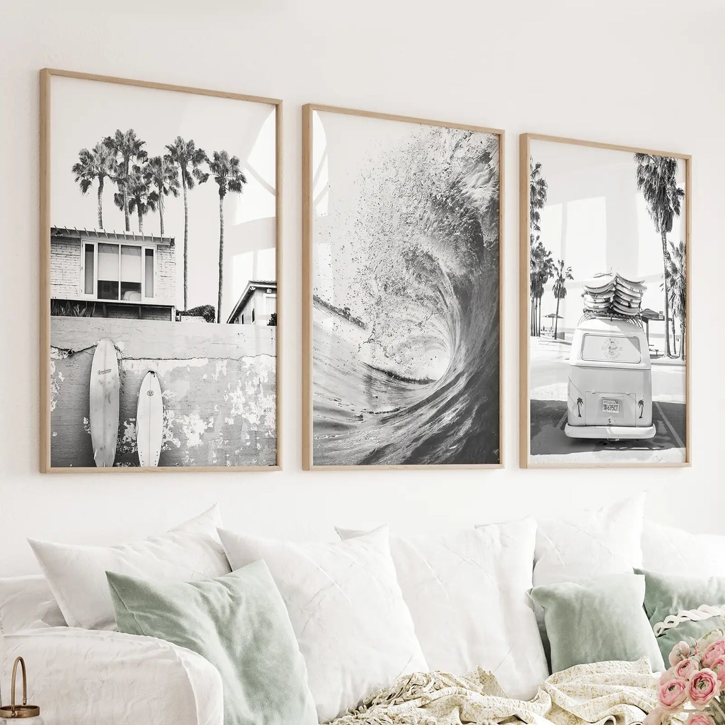 Black White California Surfing Prints. Van, Ocean Wave, Surfboards