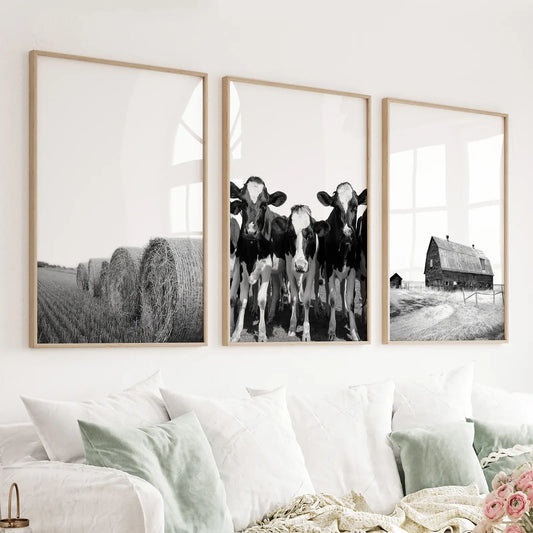 Black White Harvest on a Farm Wall Art. Cow, Hay Bale, Barn