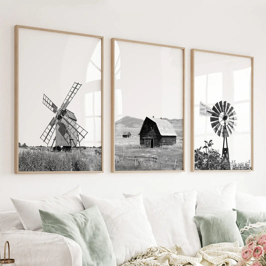 Black White Set of 3 Farm Style Prints. Windmill, Barn, Vane