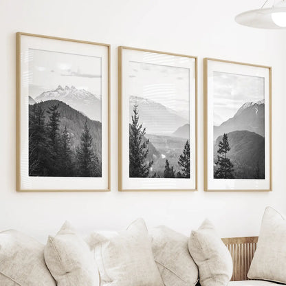 Set of 3 Black White Mountain Forest Prints. Scandi Wall Art