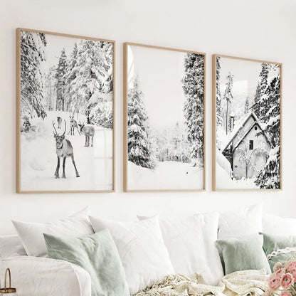 Black White Winter Woodland Wall Art Set. Reindeers, Cabin