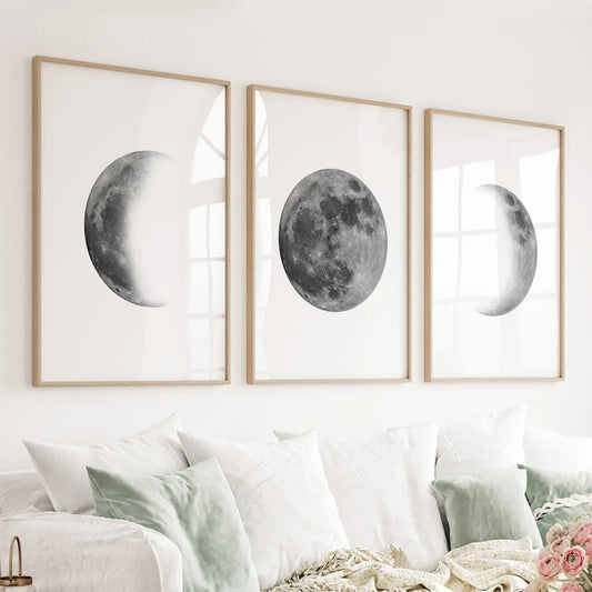 Black White MInimalist Moon Phases Wall Art. Set of 3 Prints