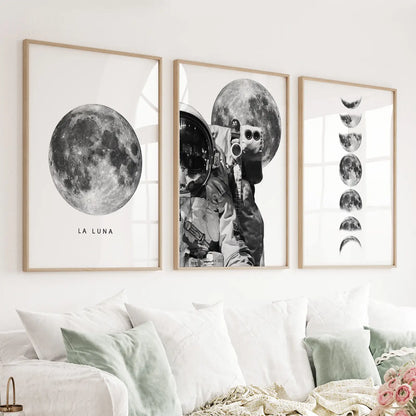 Modern Black White Moon Phases Wall Art Set of 3