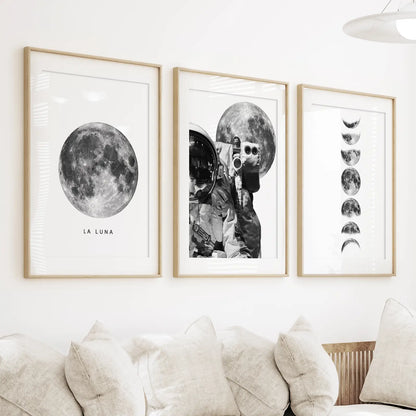 Modern Black White Moon Phases Wall Art Set of 3