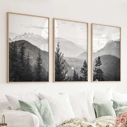 Set of 3 Black White Mountain Forest Prints. Scandi Wall Art