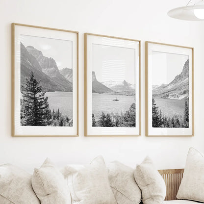 Glacier National Park. US Black White Mountain Lake Prints