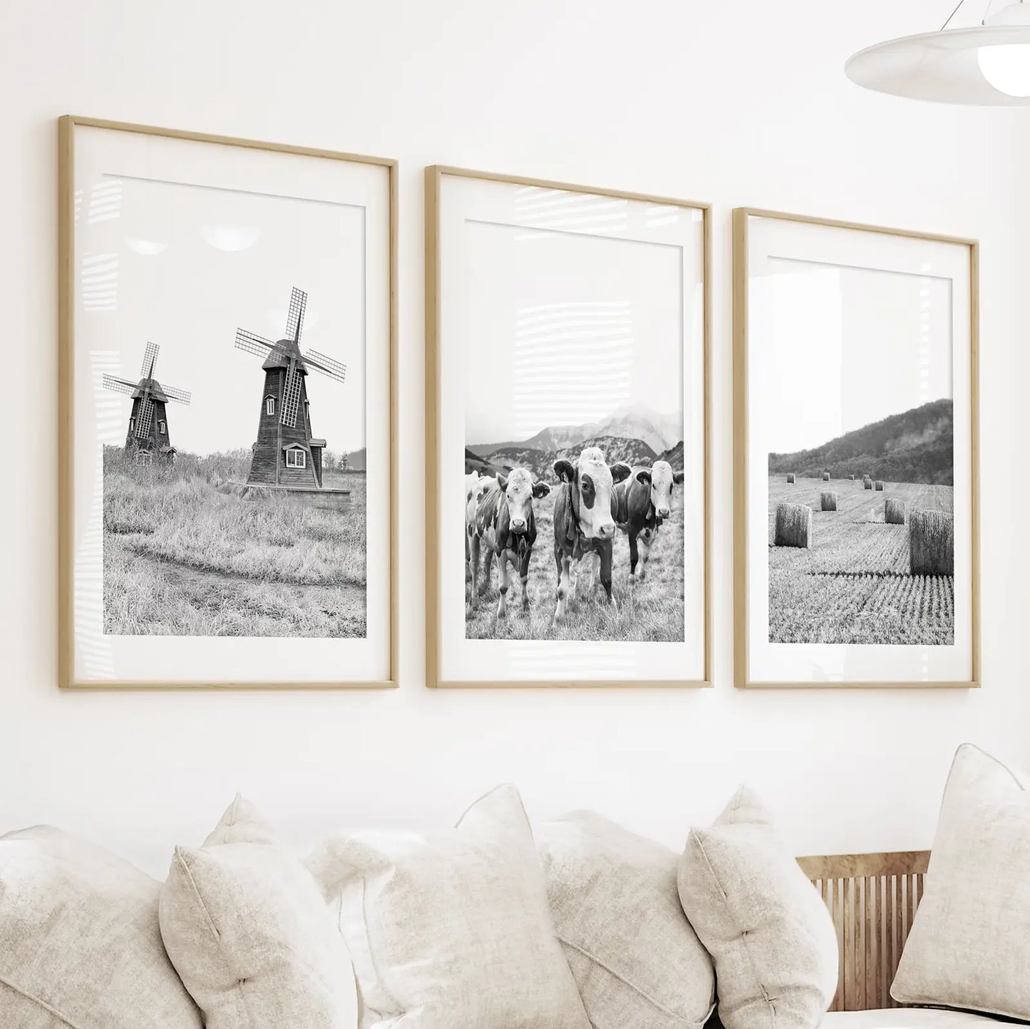 Farmhouse Black White Wall Art. Windmill, 3 Cows, Hay Bales