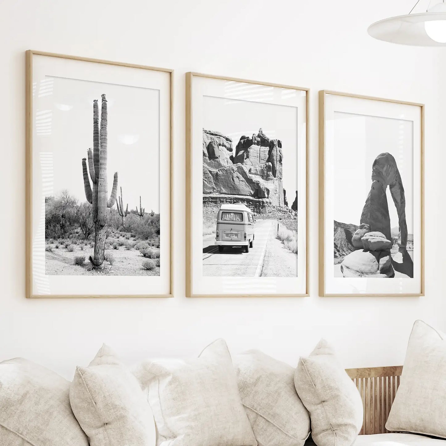 3 Piece Desert Black White Travel Photo. Cactus, Arches, Bus