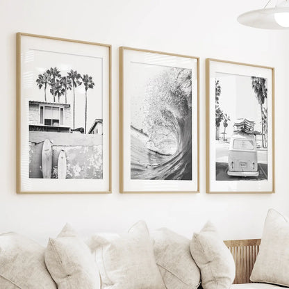 Black White California Surfing Prints. Van, Ocean Wave, Surfboards