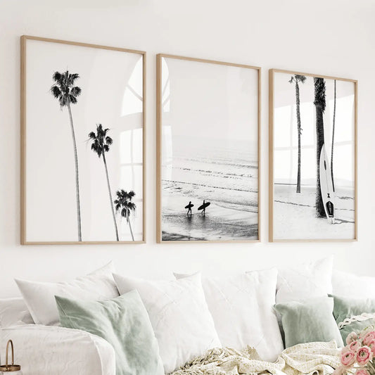 Modern Black White Ocean Surfing Wall Art Set