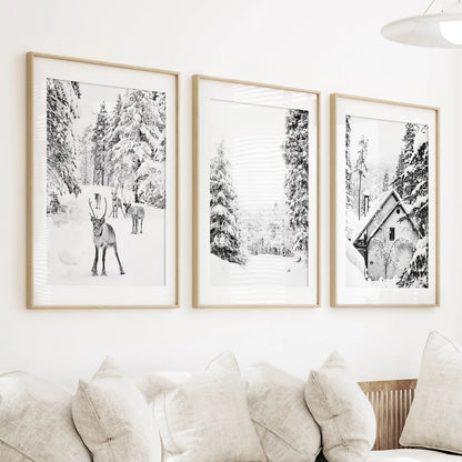 Black White Winter Woodland Wall Art Set. Reindeers, Cabin