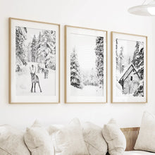 Load image into Gallery viewer, Black White Winter Woodland Wall Art Set. Reindeers, Cabin
