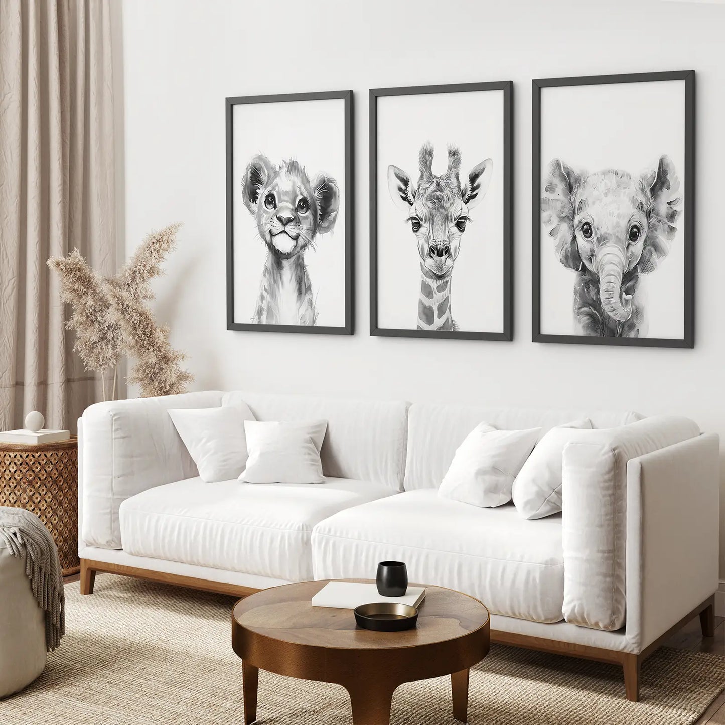 Baby Elephant Modern Wall Art Posters. Black Frames Over the Couch.