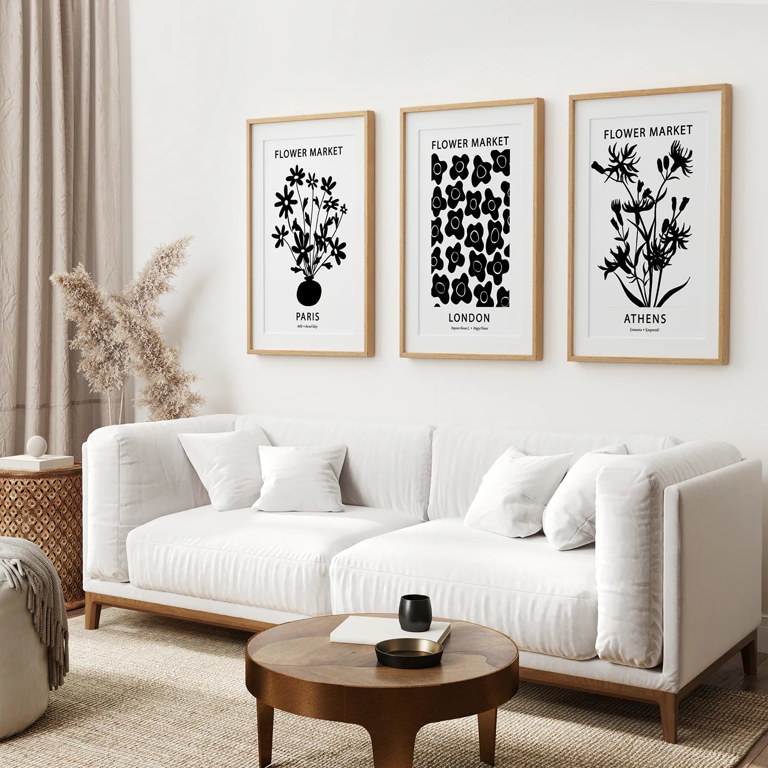 Paris Botanical Trendy Art Set Decor. Thin Wood Frames with Mat Over the Coach.