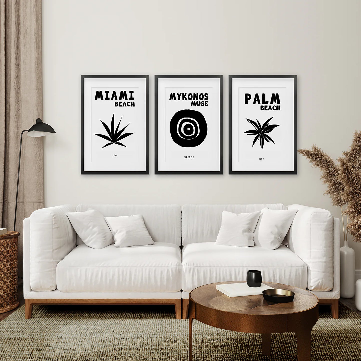 Minimalistic Art Set of 3 Piece. Black Frames with Mat Over the Coach.