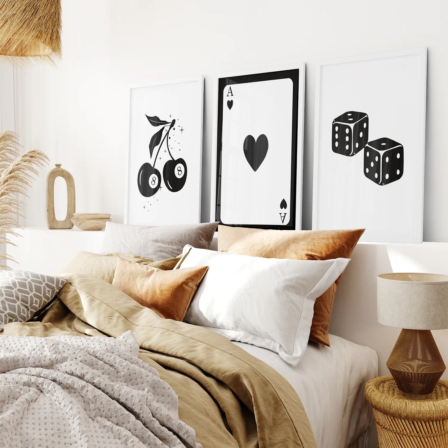 Ace of Hearts Prints Poster Decor. White Frames for Bedroom.