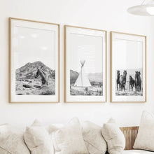 Load image into Gallery viewer, Black White Western Wall Art Set. Desert, Horses, Tepee
