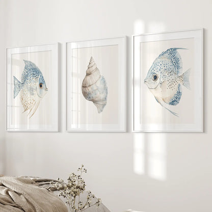 Summery maritime prints modern decor. Trendy room decor. White frames with mat  for bedroom.