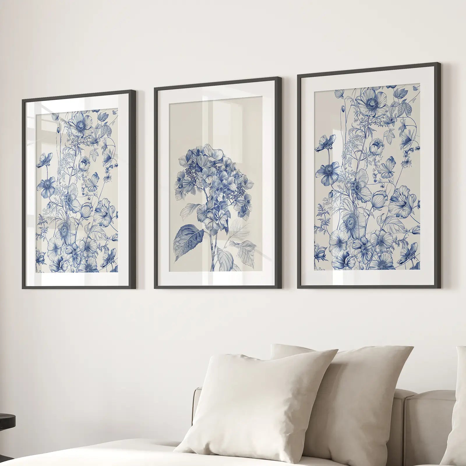 New Apartment Decor Flowers Print Poster Set. Black Frames with Mat Over the Couch.