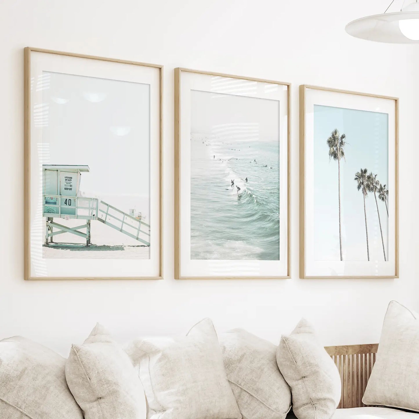 California Coastal Set of 3 Prints. Lifeguard, Surfers, Palms