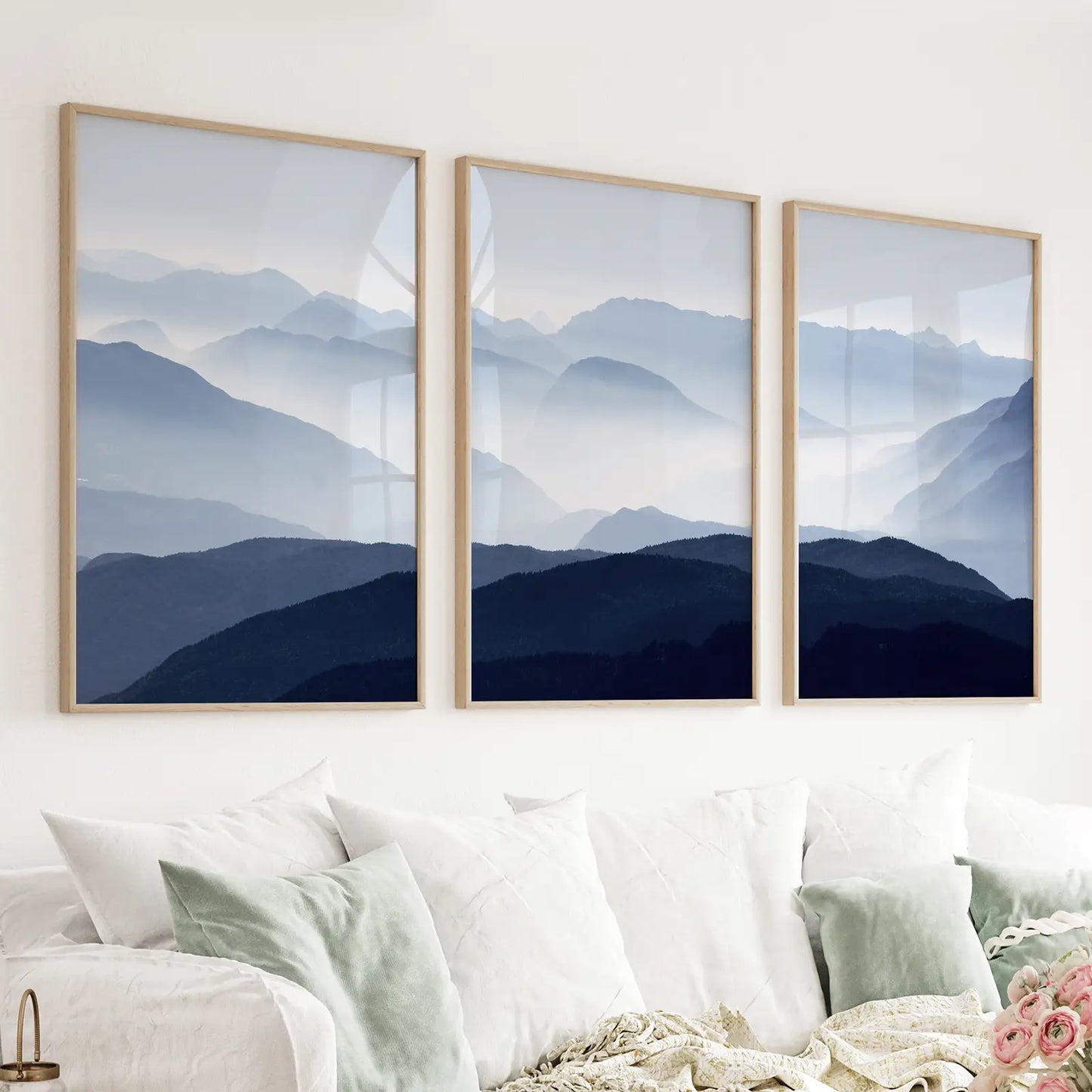 Blue Misty Mountain Scenery. Set of 3 Prints