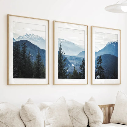 Navy Blue Mountain Forest Triptych. Nordic Landscape Art