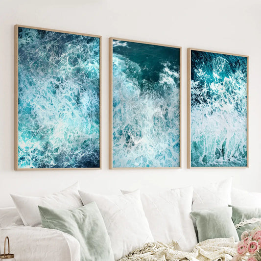 3 Piece Blue Minimalist Ocean Waves Large Wall Decor