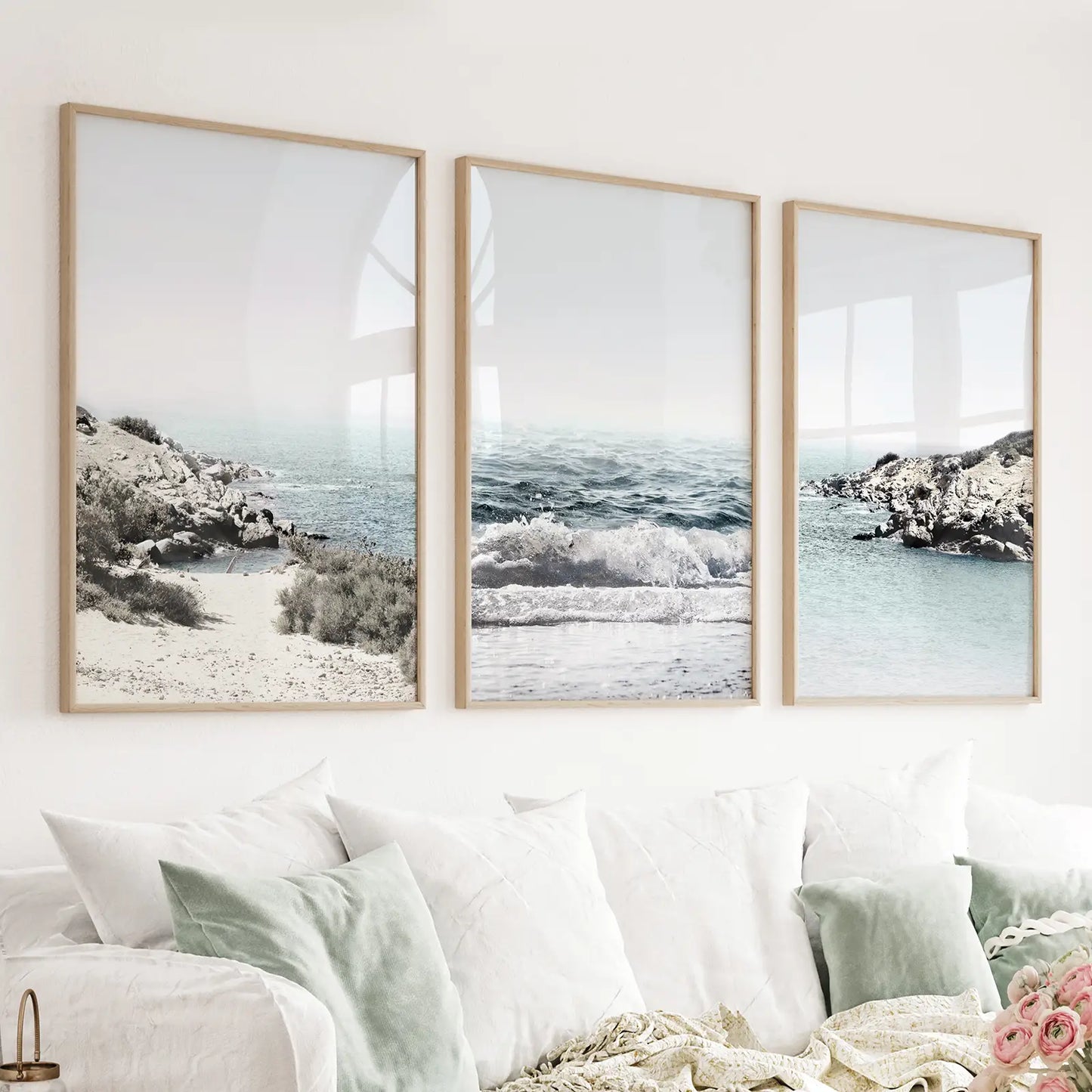 3 Piece Coastal Seascape Set. Blue Waves, Rocky Beach